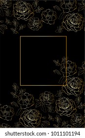 Floral design, vector illustration hand drawn. Line art. Golden garden roses flowers, elegant bouquet isolated on black background, for invitation or greeting card.