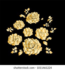 Floral design, vector illustration  set hand drawn. Golden gradient garden roses flowers and leaves, elegant bouquet isolated on black background.