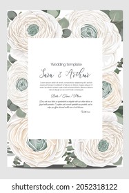 Floral design for vector postcard. Template for a wedding invitation. White roses, eucalyptus, frame for your text.