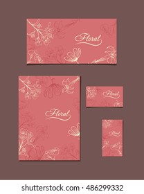Floral design vector stationery set with a blank, an envelope and business cards