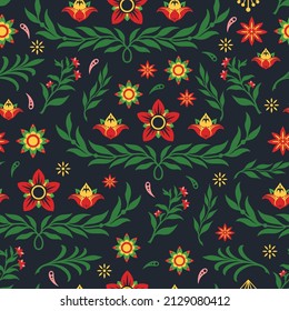 Diseño floral vintage sin fisuras con flores coloridas, ramas y pequeños elementos decorativos, ilustración vectorial