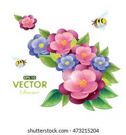Floral design with violet and flying bees isolated on white, vector illustration, eps-10