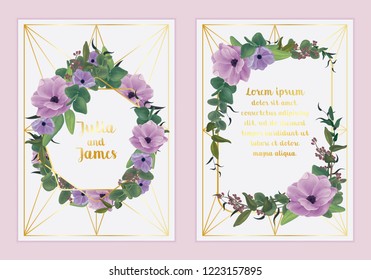 Floral design wedding invitation. Anemone flowers, foliage, twigs, bouquet. Gold frame, lines. White background. Pastel colors: purple, lilac, blue, green. Imitation of watercolor.