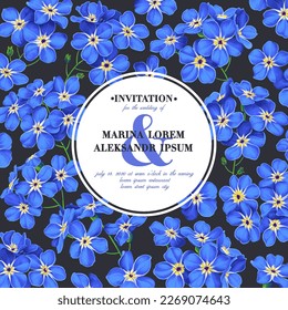 Floral design wedding invitation card template, postcard, poster, flyer, advertising banner, post in social networks. Design with highly detailed, vector, realistic flowers blue Forget-me-not