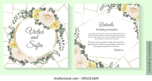 Floral design for wedding invitation. Gold round frame, white and yellow roses, branches with leaves, eucalyptus, green leaves and plants.