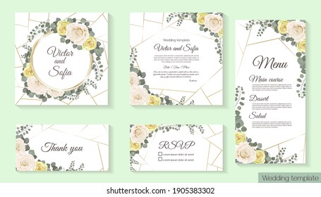 Floral design for wedding invitation. Gold round frame, white and yellow roses, branches with leaves, eucalyptus, green leaves and plants. Square invitation card, menu, rsvp, thank you.