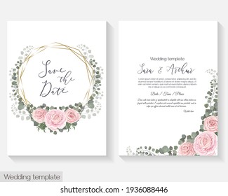 Floral design for wedding invitation. Gold round frame, pink roses, branches with leaves, eucalyptus, green leaves and plants.