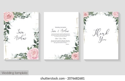 Floral design for wedding invitation. Gold frame, pink roses, branches with leaves, eucalyptus, green leaves and plants.