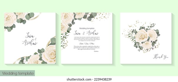 Floral design for wedding invitation. Golden geometric shapes, white beige roses, ranunculus, green plants, eucalyptus.