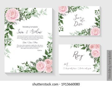 Floral design for wedding invitation. Pink roses, green plants, eucalyptus.