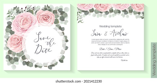 Floral Design For Wedding Invitation. Pink Roses, Green Plants, Eucalyptus.