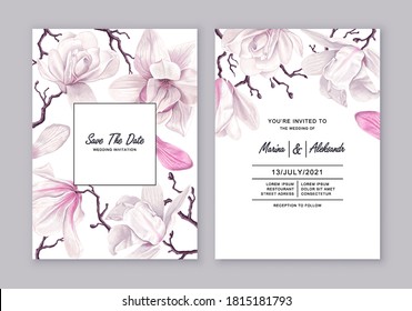 Floral design wedding invitation template, white magnolia flowers. Template design with detailed, vector, realistic spring flowers. Save the date card. Can be used to decorate social media posts