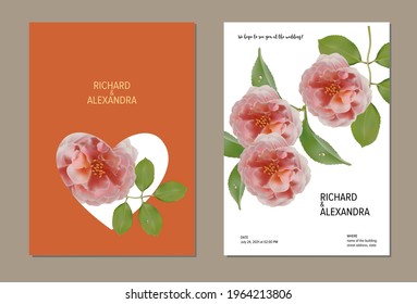 Floral design wedding invitation template, rose flowers with leaves