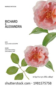 Floral design wedding invitation template, rose flowers with leaves