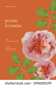 Floral design wedding invitation template, rose flowers with leaves