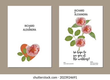 Floral design wedding invitation template, rose flowers with leaves
