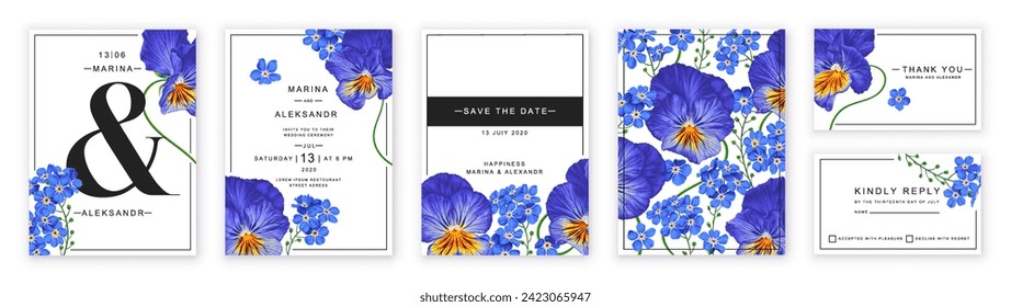 Diseño floral de plantilla de invitación a la boda, flores azules olvidadas no y ojos azules amarillos de pansies, viola. Diseño de plantilla con flores primaverales muy detalladas, vectoriales, realistas. Guardar la fecha 