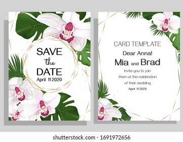 Floral design for a wedding invitation. Tropical plants and flowers, palm leaves, monstera, royal orchids, polygonal golden frame.