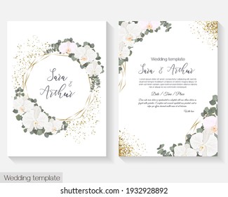 Floral design for wedding invitation. White orchids, eucalyptus, green plants and flowers. Gold polygonal frame, sparkles.