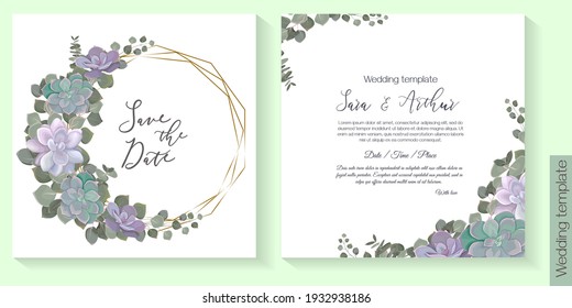 Diseño floral para invitaciones de boda. Suculentos, eucaliptos, vegetación densa, plantas y hojas verdes, marco poligonal. Plantilla de vectores para una postal.