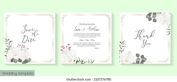 Floral design for wedding invitations. White orchid, eucalyptus, dense greenery, green plants and leaves, polygonal frame. Vector template for a postcard. Invitation card, thanks