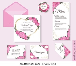 Floral design for wedding. Pink peonies, golden heart frame, eucalyptus, green leaves. Invitation, round card, rsvp, thank you, menu, label.