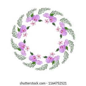 Floral design wreath, with hibiscus flowers and leaves hand drawn. Colorful vector illustration.