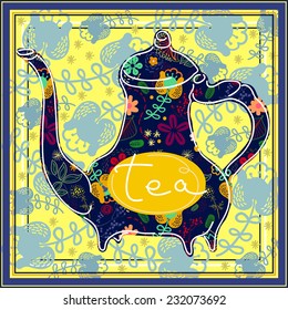 Floral designed tea pot . Tea time illustration