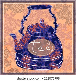Floral designed tea pot . Tea time illustration