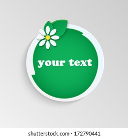 floral design.round banner decorated with white flower and green leaves.vector