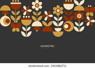 Floral designs with geometric shapes and compositions on top on a dark background. Vector Illustration.