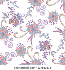 Floral Detailed Seamless Pattern in Retro Liberty Style. Pastel Vintage Flowers on White Background. Orient Flourish Doodles for Wallpaper, Textile, Fabric, Dress, Cloth