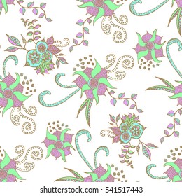 Floral Detailed Seamless Pattern in Retro Liberty Style. Pastel Vintage Flowers on White Background. Orient Flourish Doodles for Wallpaper, Textile, Fabric, Dress, Cloth