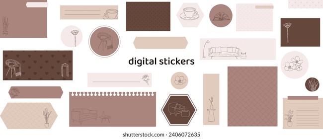 Floral digital stickers. Digital note papers and stickers for bullet journaling or planning. Digital planner stickers. Vector art.