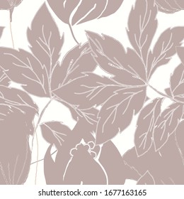 Floral digital vectorial pattern with seamless violet leaves and flowers shapes on white background. All illustration are digital.