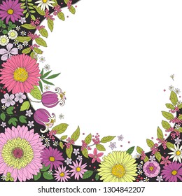 Patrón de círculo floral de color marrón con flores coloridas, hojas y ramas sobre fondo negro y blanco. Ilustración vectorial retro.