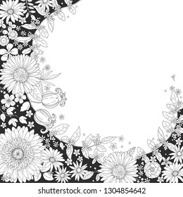 Floral ditsy circle pattern with flowers, branches and leaves. Vector black and white illustration, template for your design, cover coloring book.