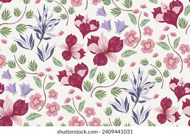 Floral ditsy pattern border seamless.Pastel blue flowers Ikat design paisley embroidery with floral motifs. Ethnic pattern oriental traditional. Ikat pattern seamless vector illustration. 