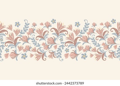 Borde de fondo de bordado sin costura con patrón Ikat floral. Motivo Lily Flower. Patrón étnico oriental tradicional. Ilustración de vector de patrón abstracto de estilo boho. Dibujado a mano.