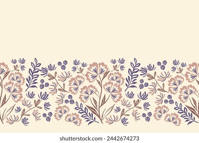 Floral ditsy pattern seamless embroidery background border. Pink blue Flower motif. Vintage minimal style vector illustration. Hand drawn