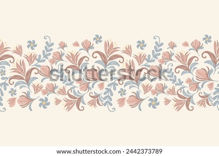 Floral ditsy pattern seamless embroidery background border. Lily Flower motif. Ethnic oriental pattern traditional. Boho style abstract pattern vector illustration. Hand drawn.