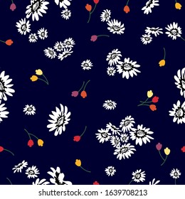 Floral ditsy print. Seamless pattern with tulips and daisies. Retro textile collection. Template for dresses, scarves, cards and gift wrappings.