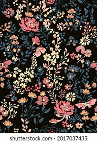 Floral ditsy seamless pattern graphic vector with black background