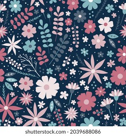 Floral sin costuras con flores, hojas y bayas. Diseño de moda. Impresión para tela, textil, papel envolvente. 