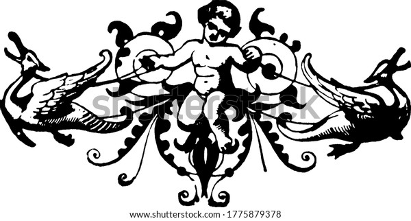 Floral\
divider with a cherub at the center, surrounded by fancy swirls,\
repeated designs, floral decorations, birds, arranged horizontally,\
vintage line drawing or engraving\
illustration.