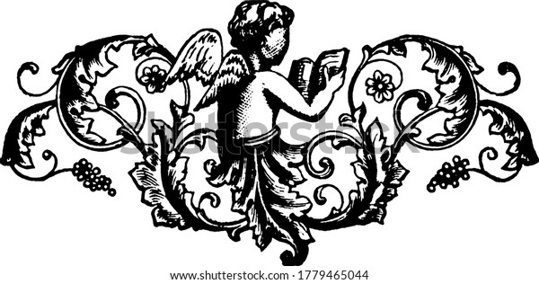 Floral divider with a cherub holding a book\
at the center, surrounded by fancy swirls, repeated designs, floral\
decorations, arranged horizontally, vintage line drawing or\
engraving illustration.