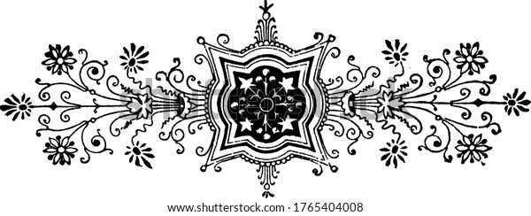 Floral divider with a shield at the center with\
regular patterns of flower in a black background, surrounded by\
fancy swirls, repeated designs, floral decorations on a horizontal\
frame, vintage.