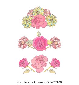Floral dividers. Aster and roses flowes. Spring bouquet vector illustration