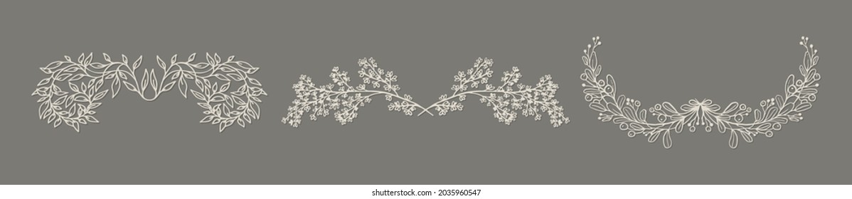 Floral dividers collection, hand drawn line border with branches, leaves and berries. Vector vintage elegant decorative elements for books, greeting cards, invitations, web