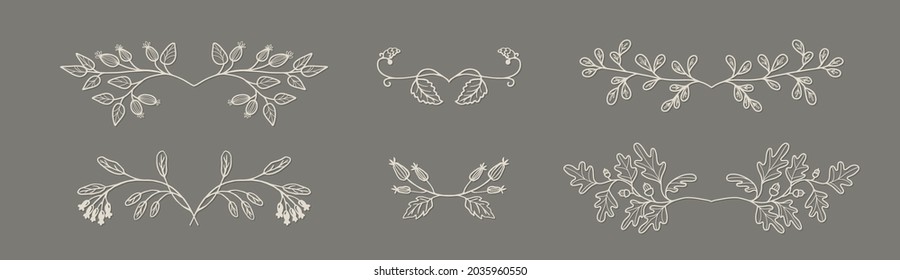 Floral dividers collection, hand drawn line border with forest branches, leaves and berries. Vector vintage elegant decorative elements for books, greeting cards, invitations, web